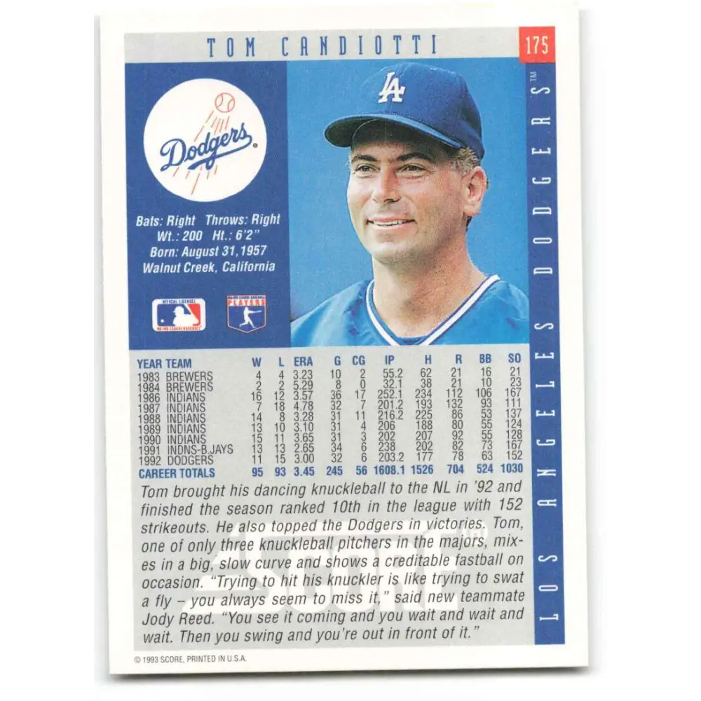 1993 Score #175 Tom Candiotti NM-MT Los Angeles Dodgers Baseball Card Image 2