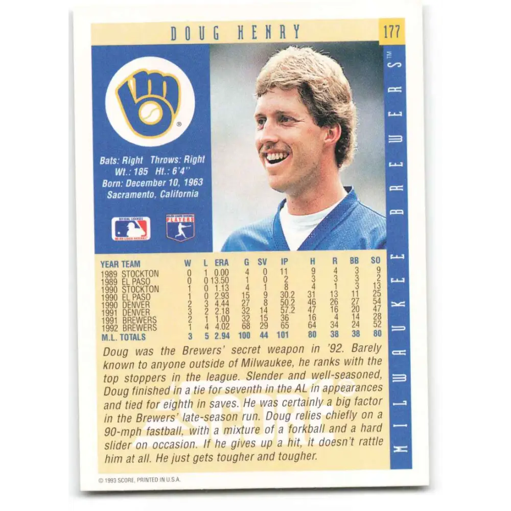 1993 Score #177 Doug Henry NM-MT Milwaukee Brewers Baseball Card Image 2