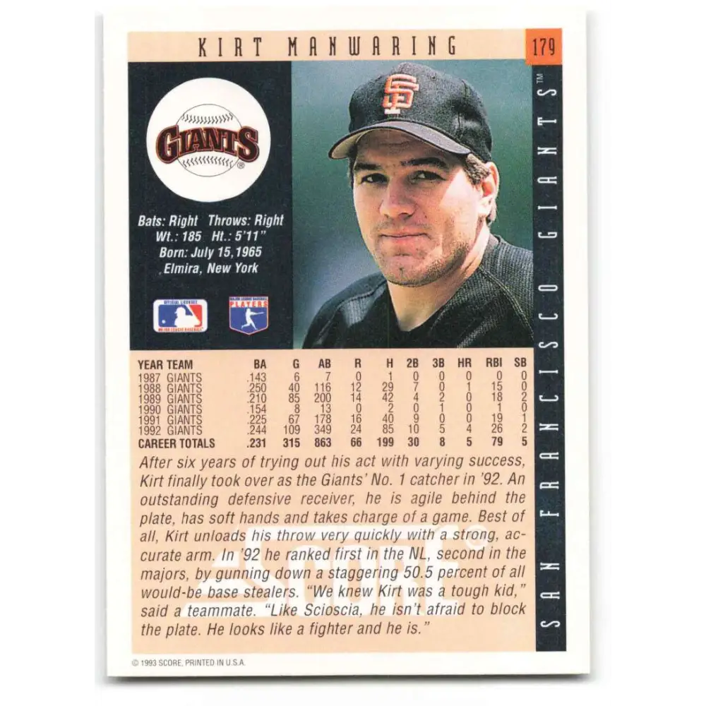 1993 Score #179 Kirt Manwaring NM-MT San Francisco Giants Baseball Card Image 2
