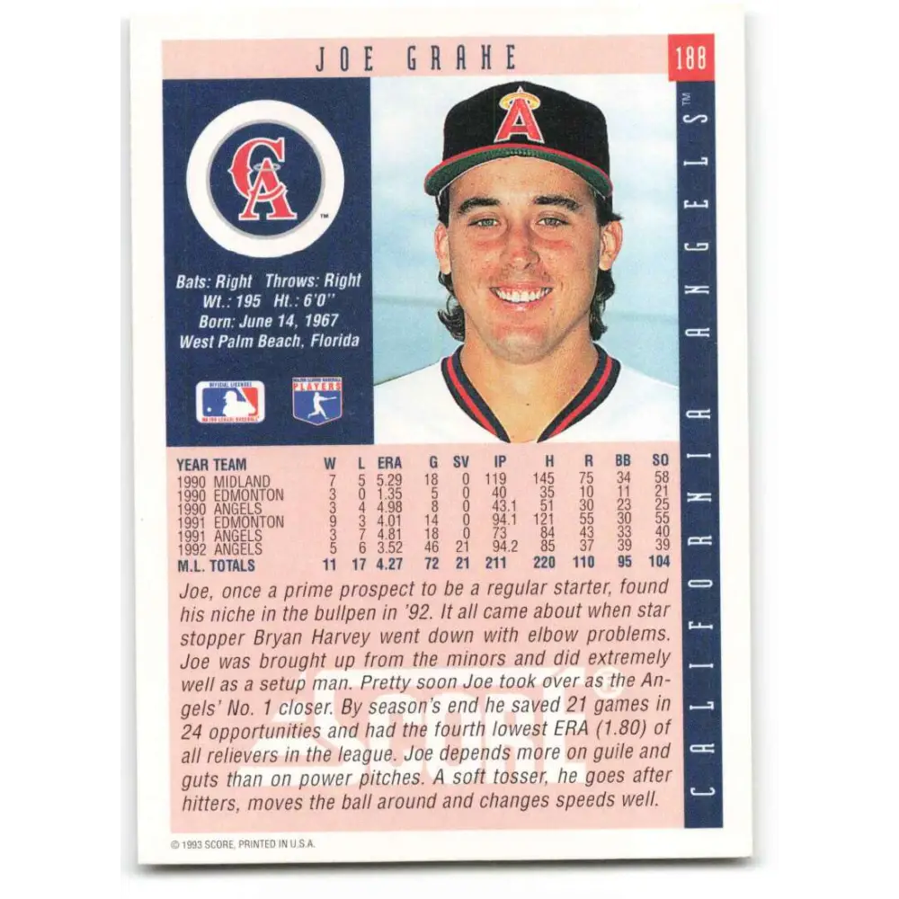 1993 Score #188 Joe Grahe NM-MT California Angels Baseball Card Image 2
