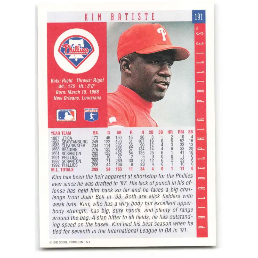1993 Score #191 Kim Batiste NM-MT Philadelphia Phillies Baseball Card Image 2