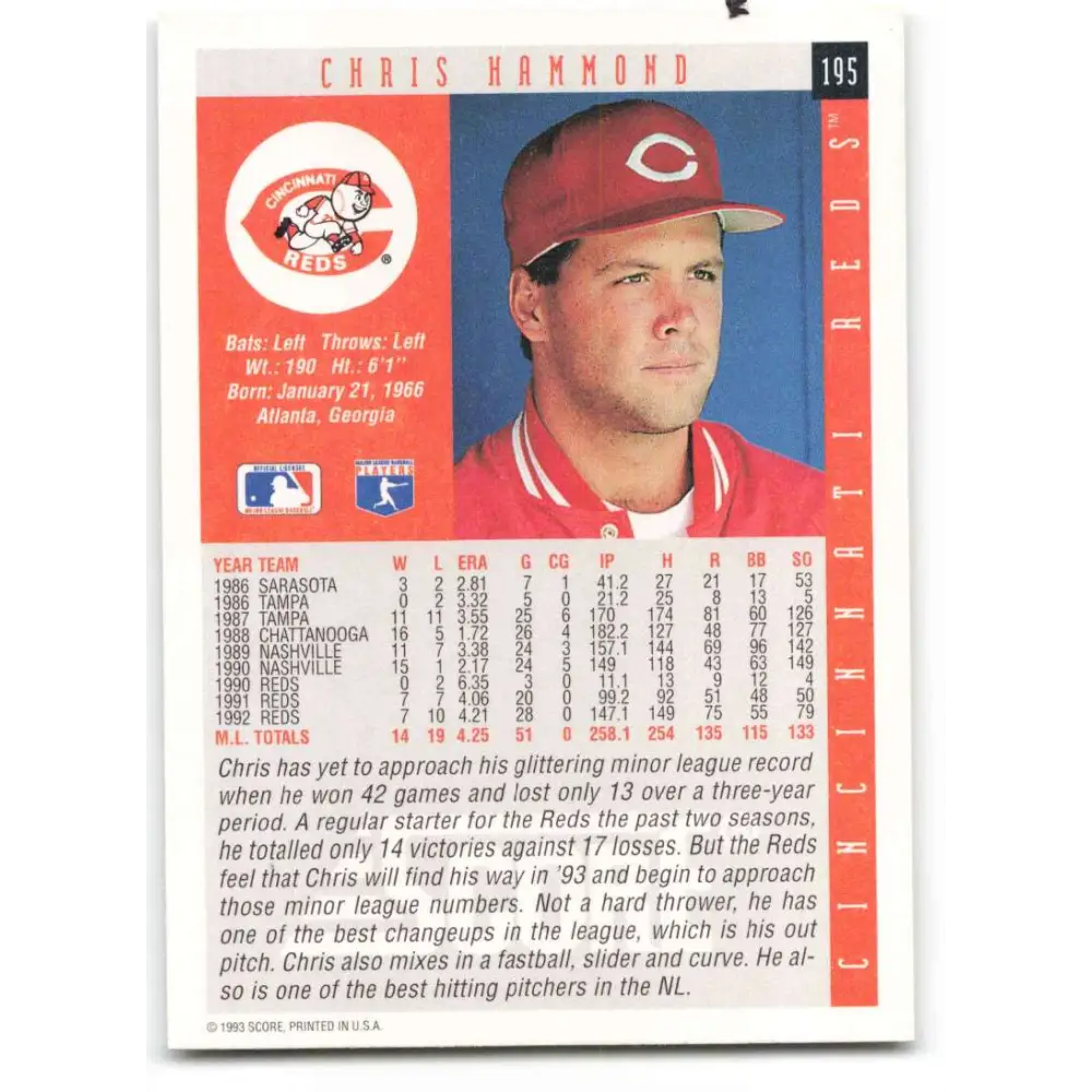 1993 Score #195 Chris Hammond NM-MT Cincinnati Reds Baseball Card Image 2