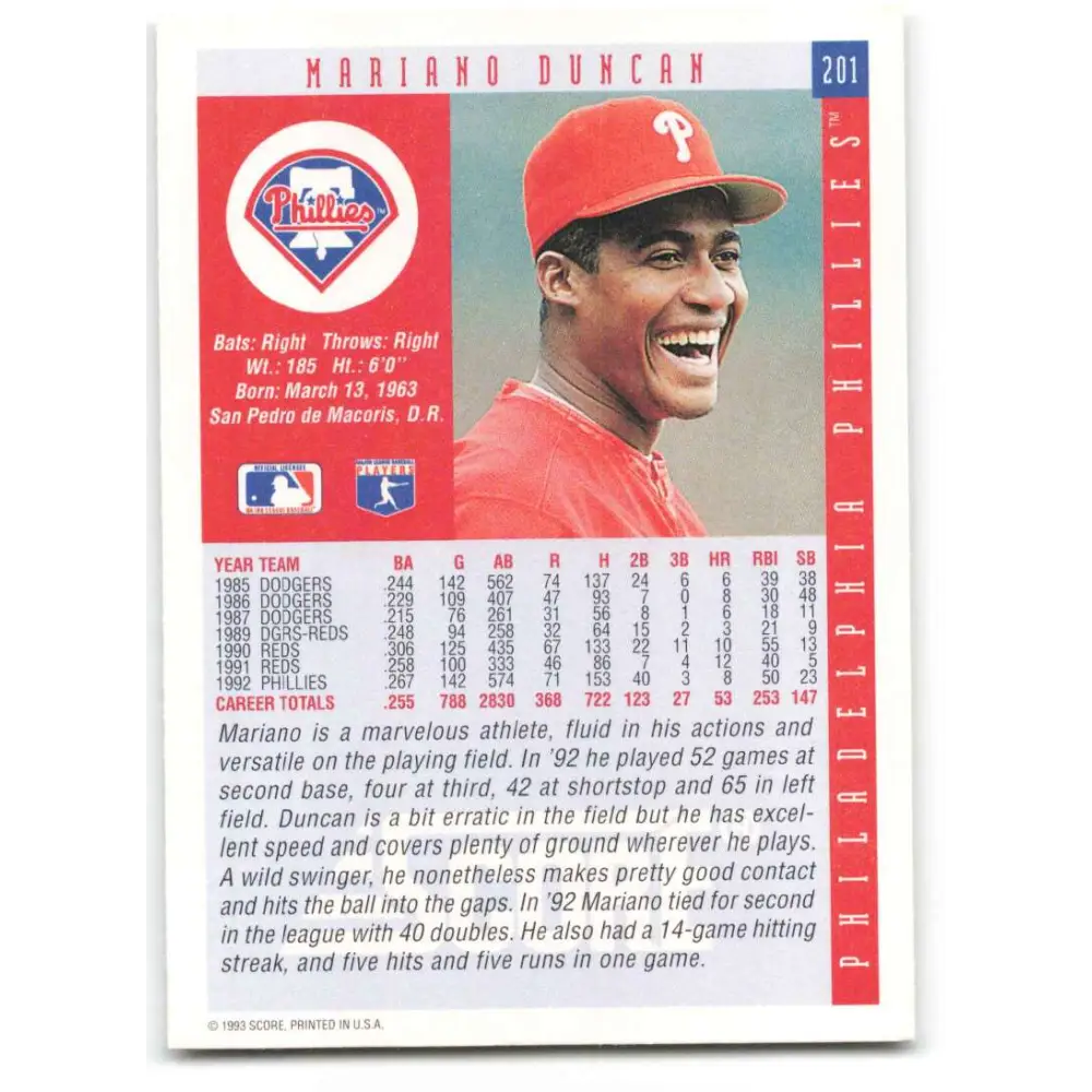 1993 Score #201 Mariano Duncan NM-MT Philadelphia Phillies Baseball Card Image 2