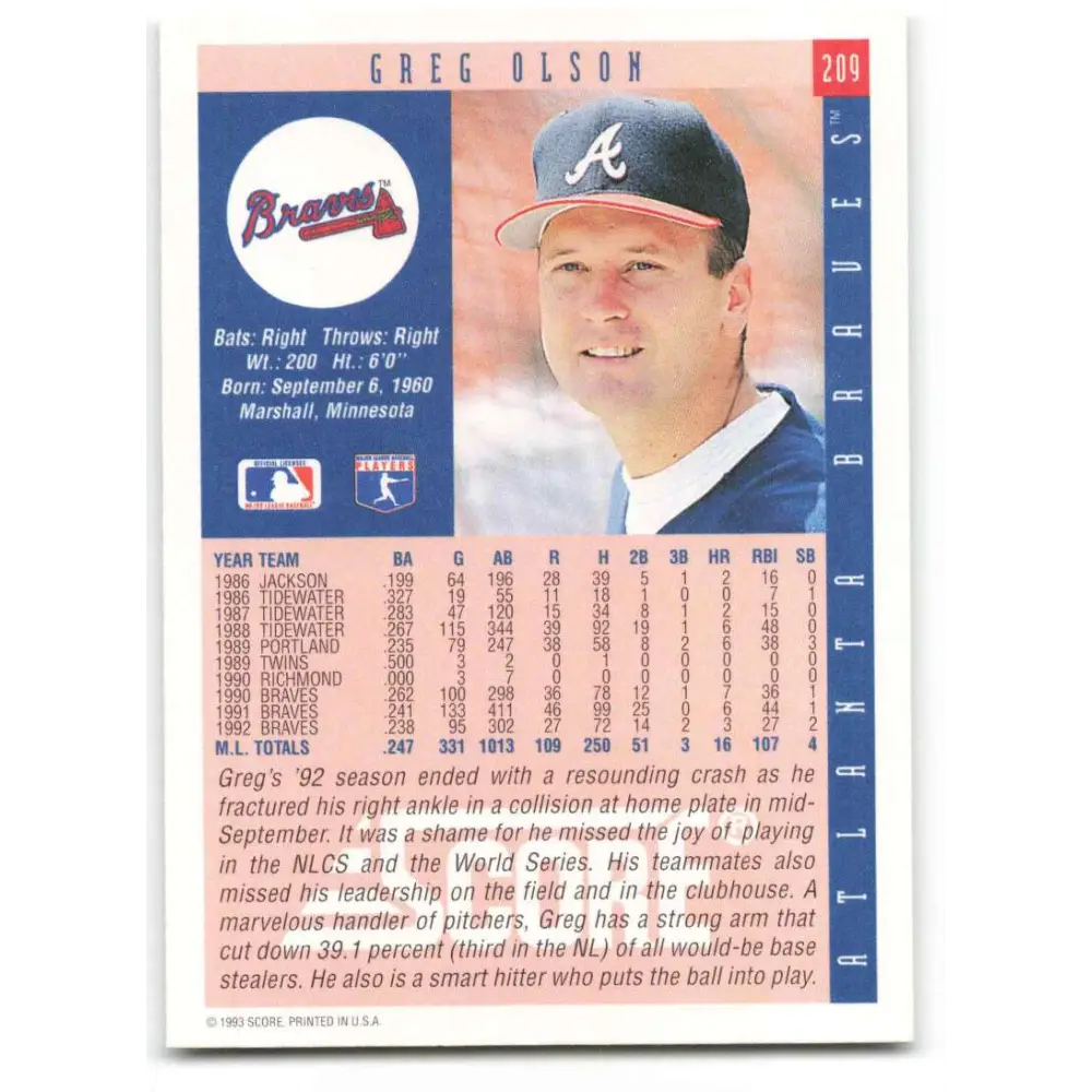 1993 Score #209 Greg Olson NM-MT Atlanta Braves Baseball Card Image 2