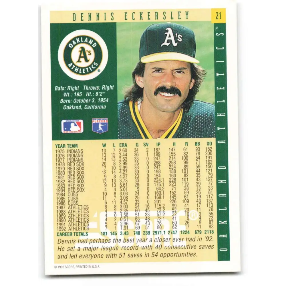 1993 Score #21 Dennis Eckersley NM-MT Oakland Athletics Baseball Card Image 2