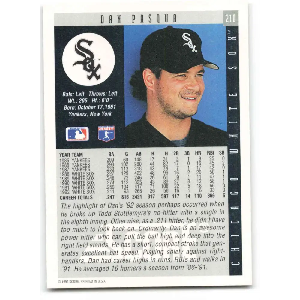 1993 Score #210 Dan Pasqua NM-MT Chicago White Sox Baseball Card Image 2