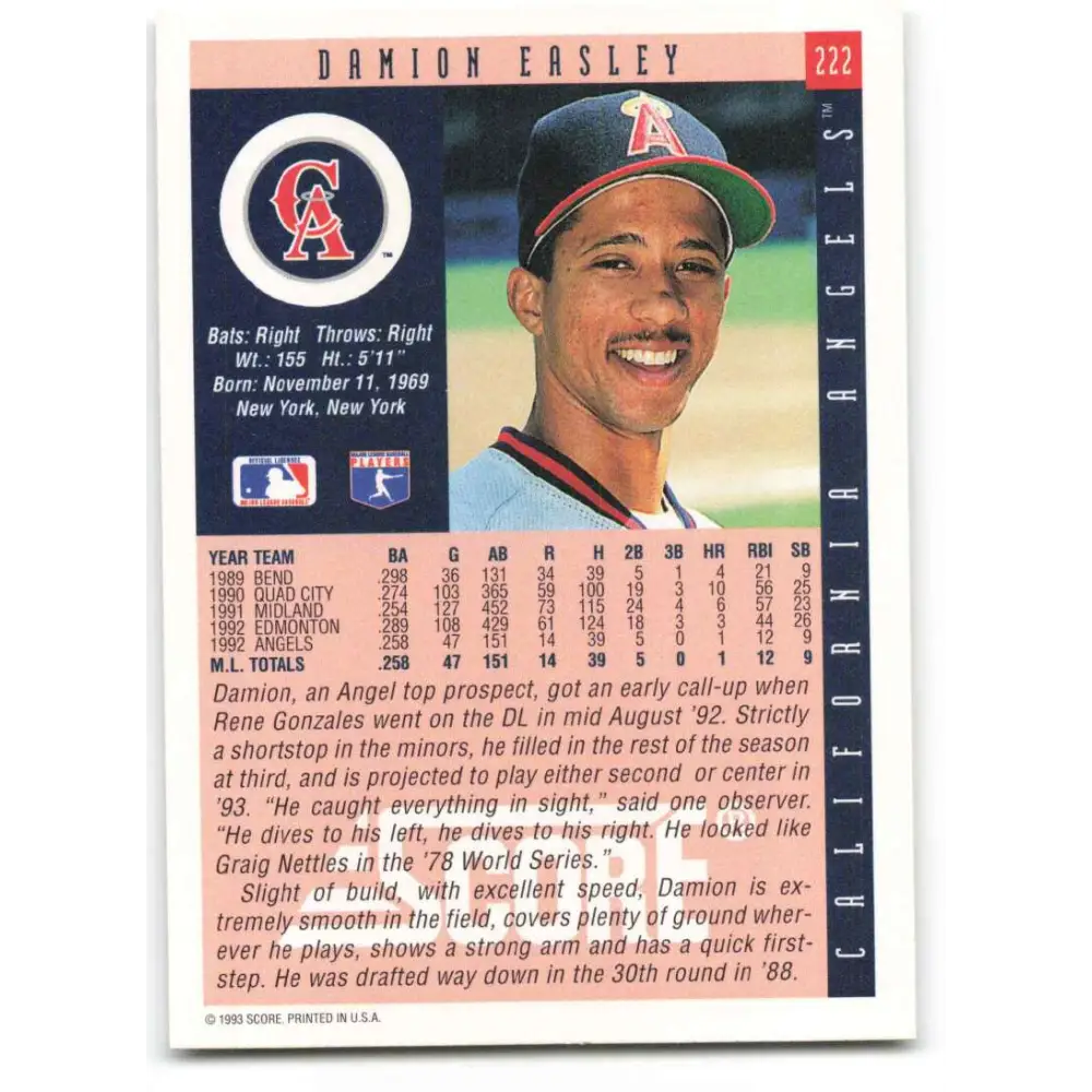 1993 Score #222 Damion Easley NM-MT California Angels Baseball Card Image 2