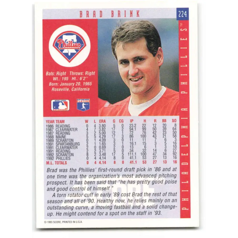 1993 Score #224 Brad Brink NM-MT Philadelphia Phillies Baseball Card Image 2