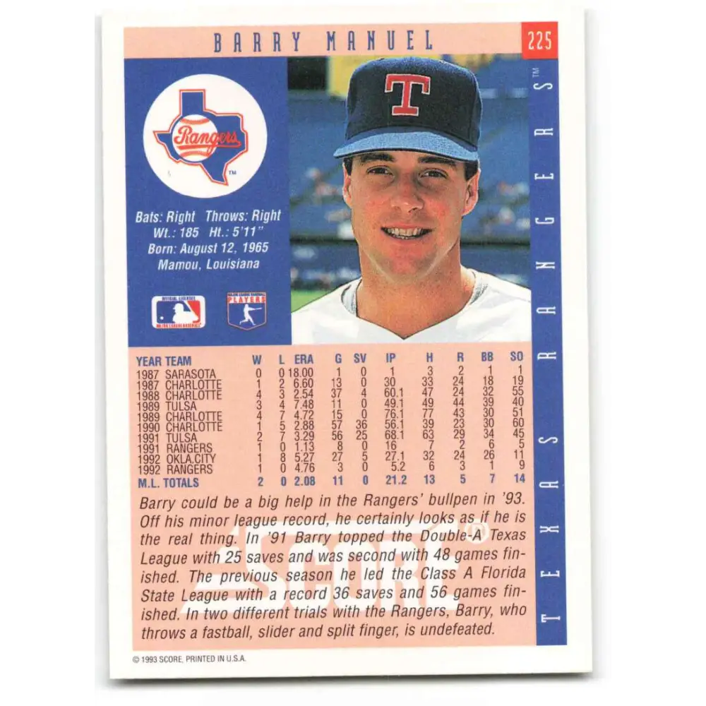 1993 Score #225 Barry Manuel NM-MT Texas Rangers Baseball Card Image 2