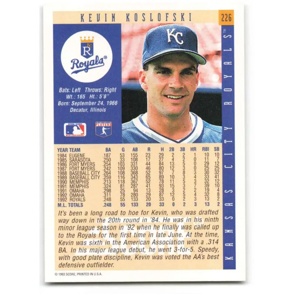 1993 Score #226 Kevin Koslofski NM-MT Kansas City Royals Baseball Card Image 2