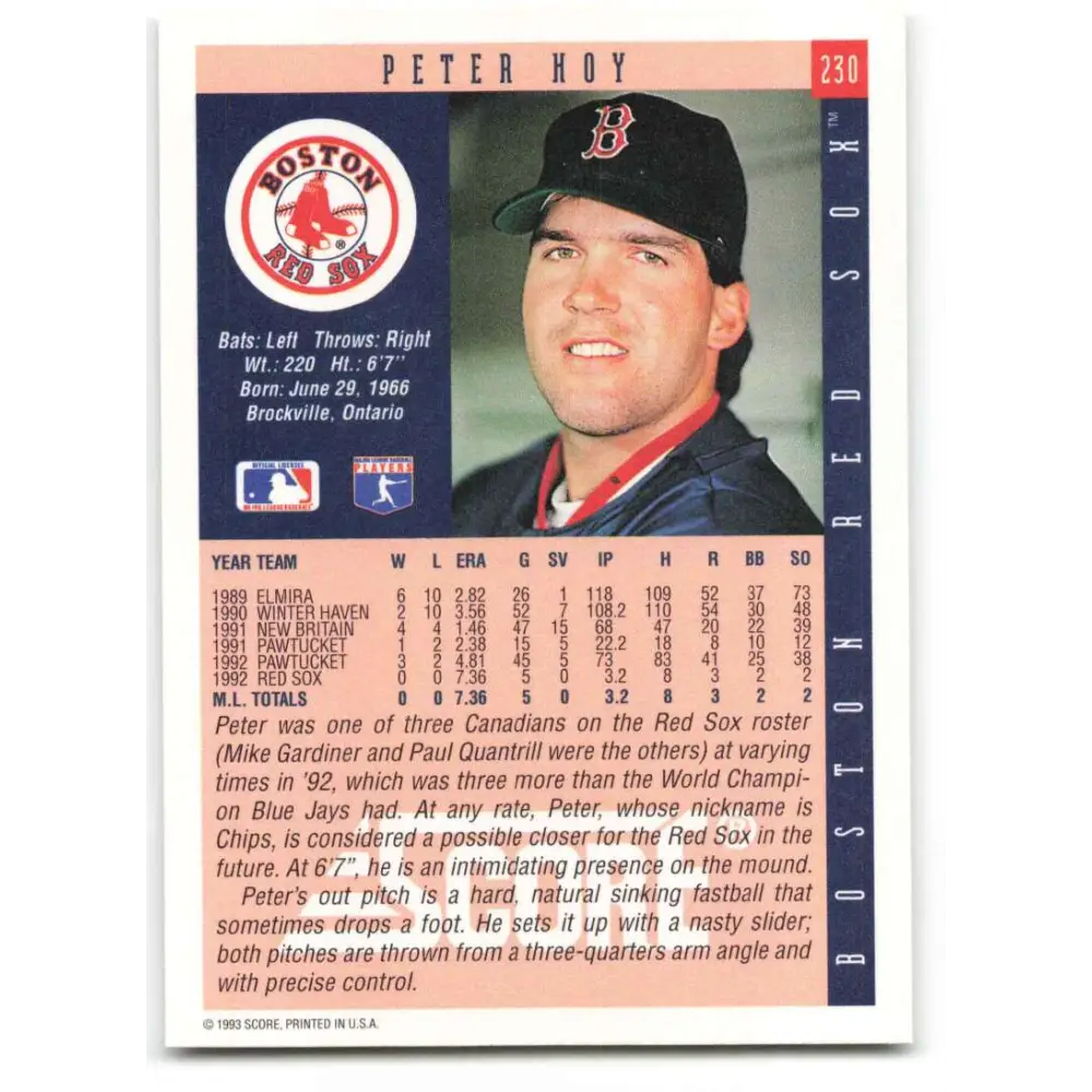 1993 Score #230 Peter Hoy NM-MT Boston Red Sox Baseball Card Image 2
