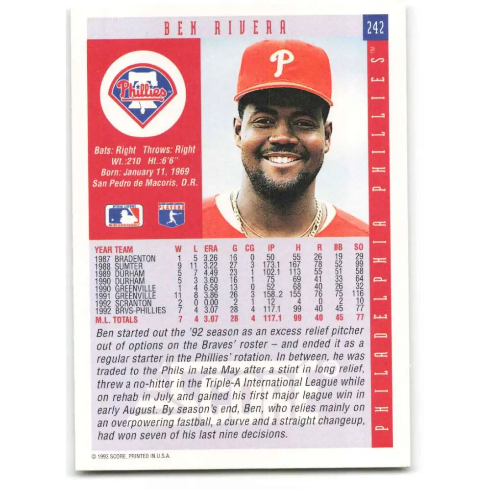 1993 Score #242 Ben Rivera NM-MT Philadelphia Phillies Baseball Card Image 2