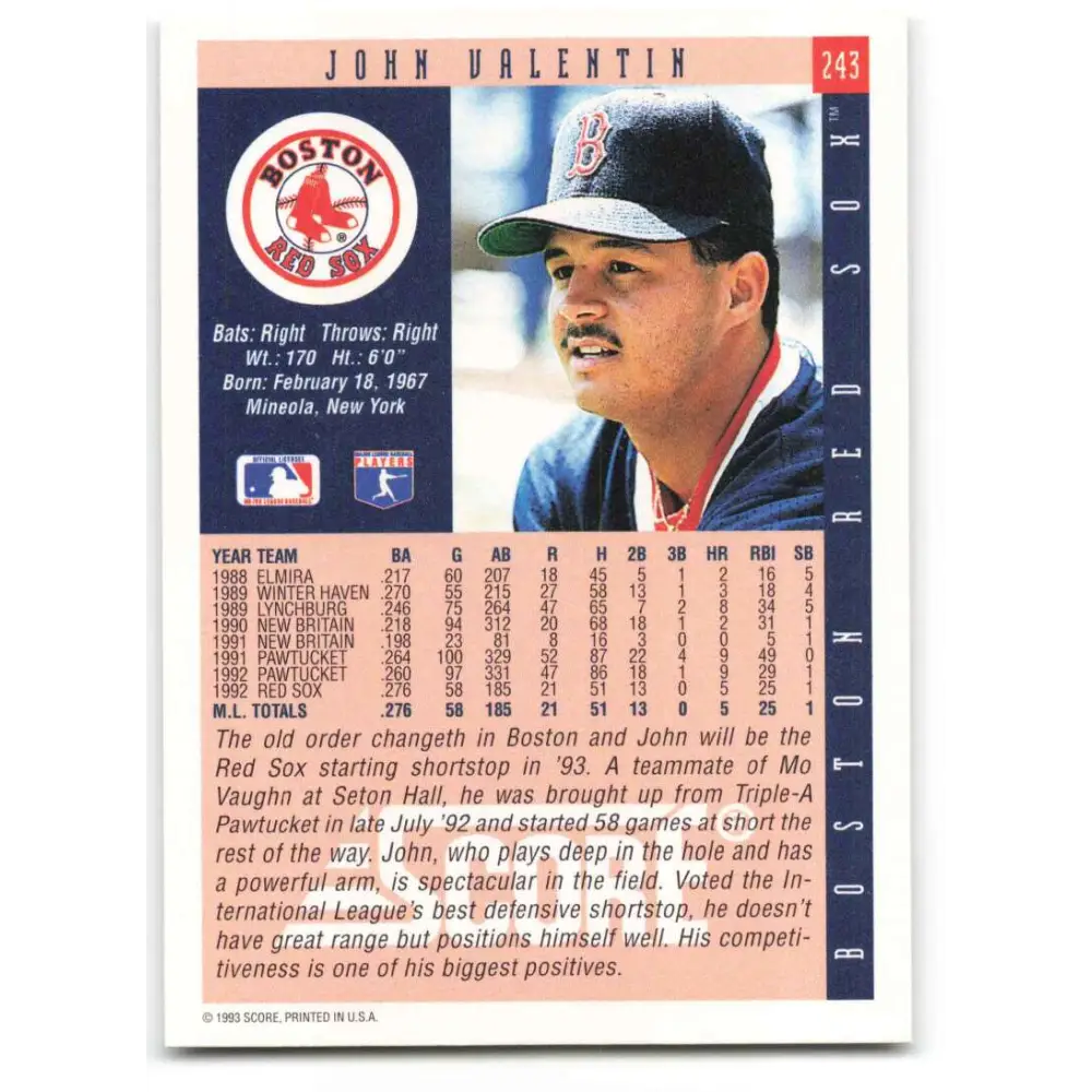 1993 Score #243 John Valentin NM-MT Boston Red Sox Baseball Card Image 2