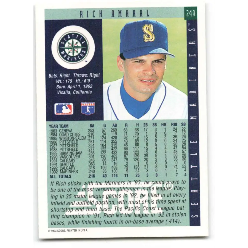 1993 Score #249 Rich Amaral NM-MT Seattle Mariners Baseball Card Image 2