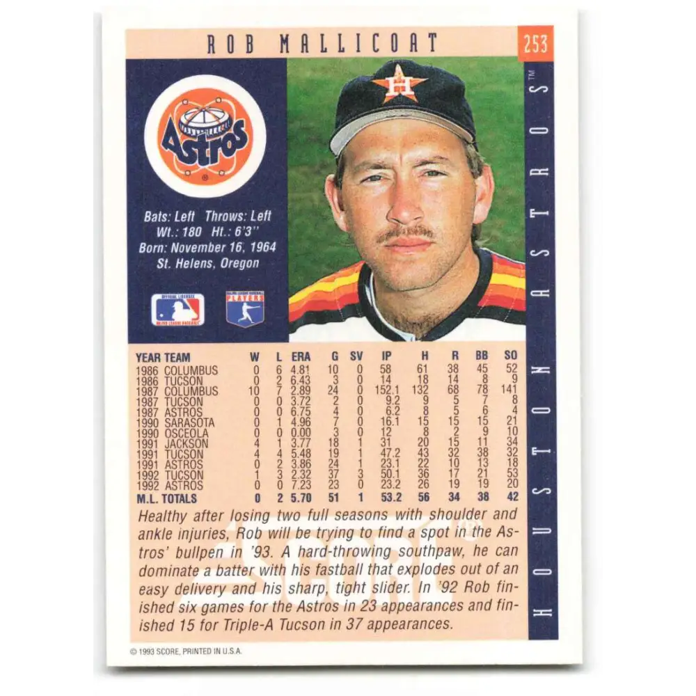 1993 Score #253 Rob Mallicoat NM-MT Houston Astros Baseball Card Image 2
