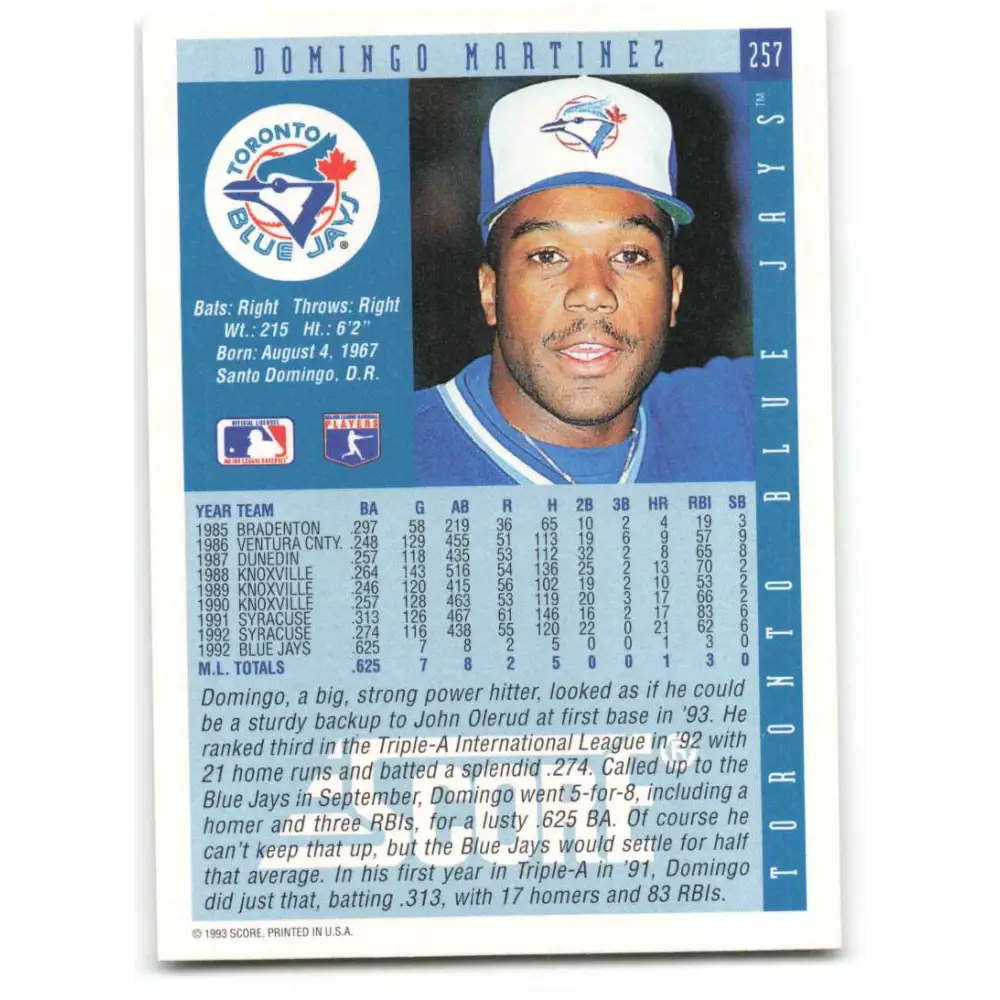 1993 Score #257 Domingo Martinez NM-MT RC Rookie Toronto Blue Jays Baseball Card Image 2