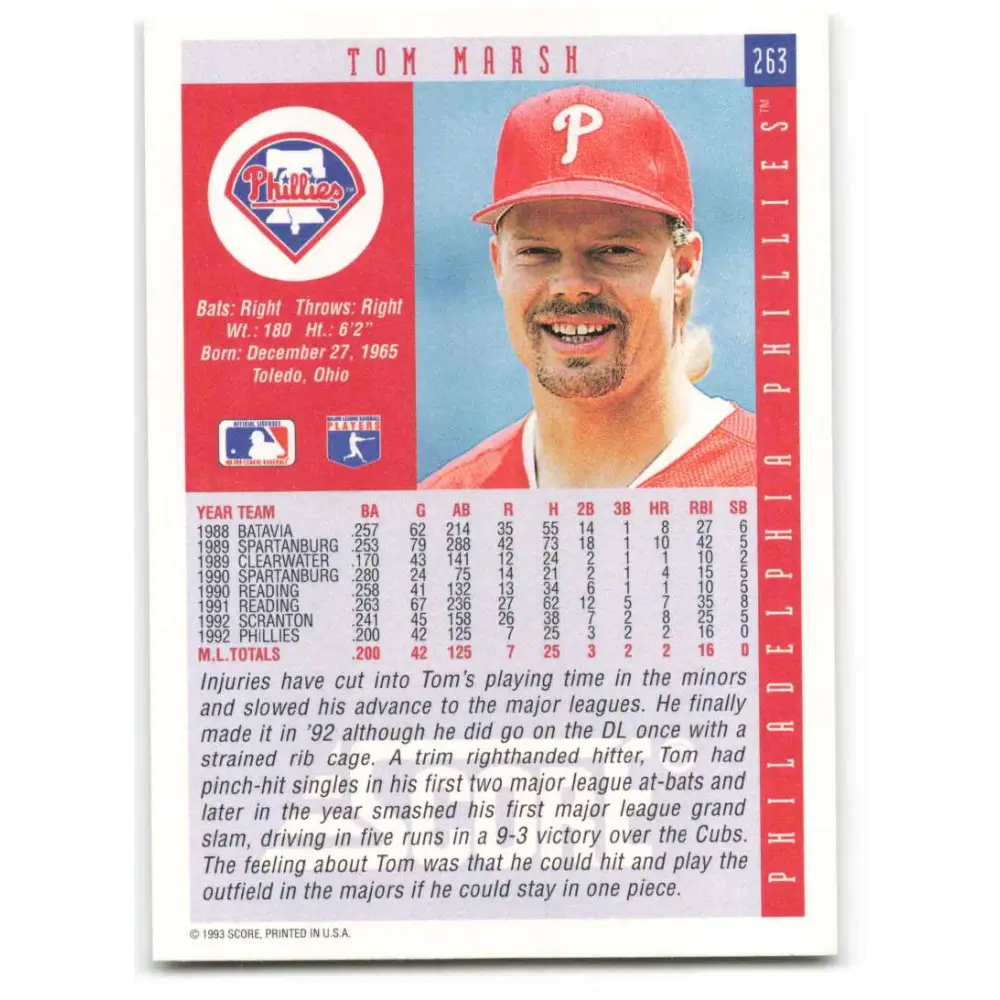 1993 Score #263 Tom Marsh NM-MT Philadelphia Phillies Baseball Card Image 2