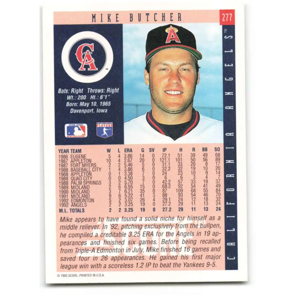 1993 Score #277 Mike Butcher NM-MT California Angels Baseball Card Image 2