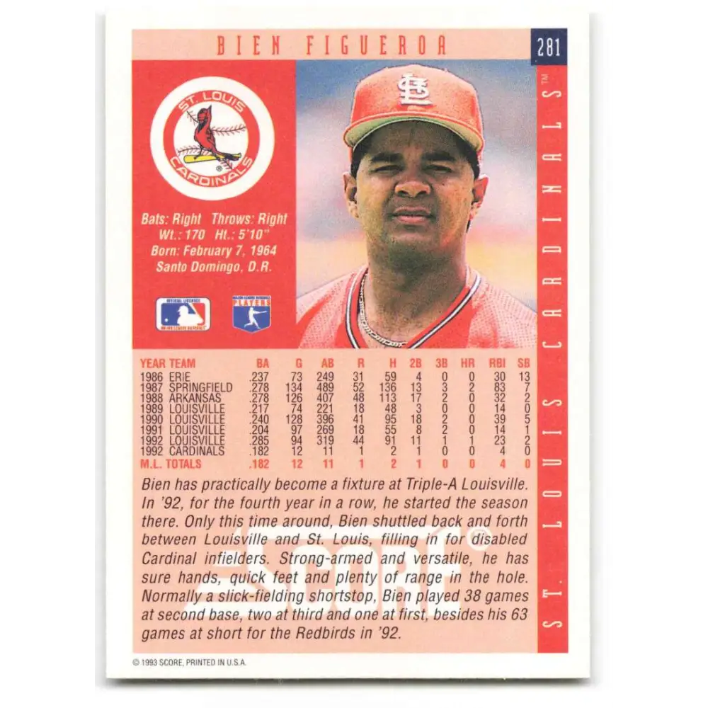 1993 Score #281 Bien Figueroa NM-MT St. Louis Cardinals Baseball Card Image 2