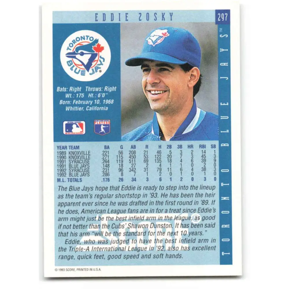 1993 Score #297 Eddie Zosky NM-MT Toronto Blue Jays Baseball Card Image 2