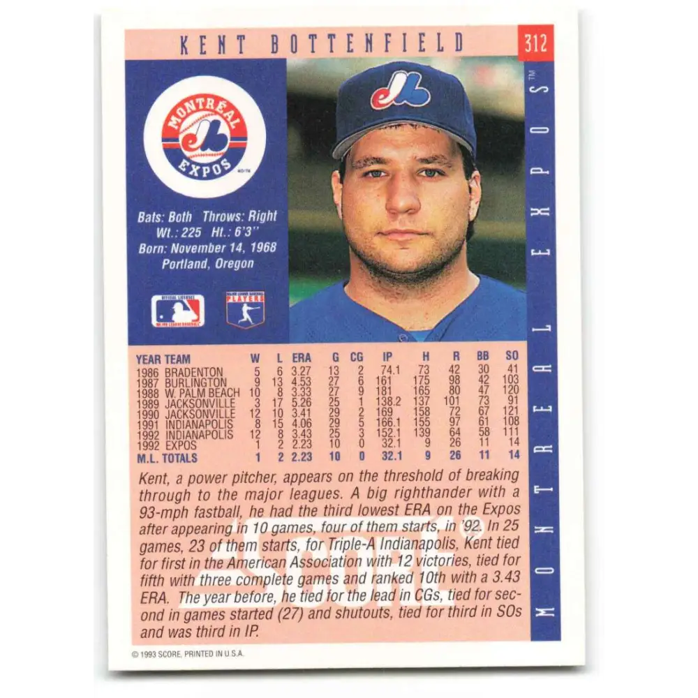 1993 Score #312 Kent Bottenfield NM-MT Montreal Expos Baseball Card Image 2