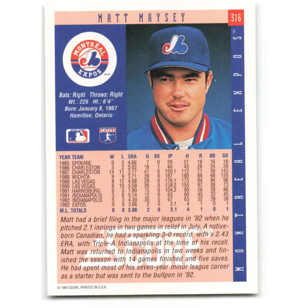 1993 Score #316 Matt Maysey NM-MT Montreal Expos Baseball Card Image 2