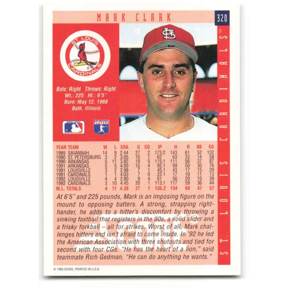1993 Score #320 Mark Clark NM-MT St. Louis Cardinals Baseball Card Image 2