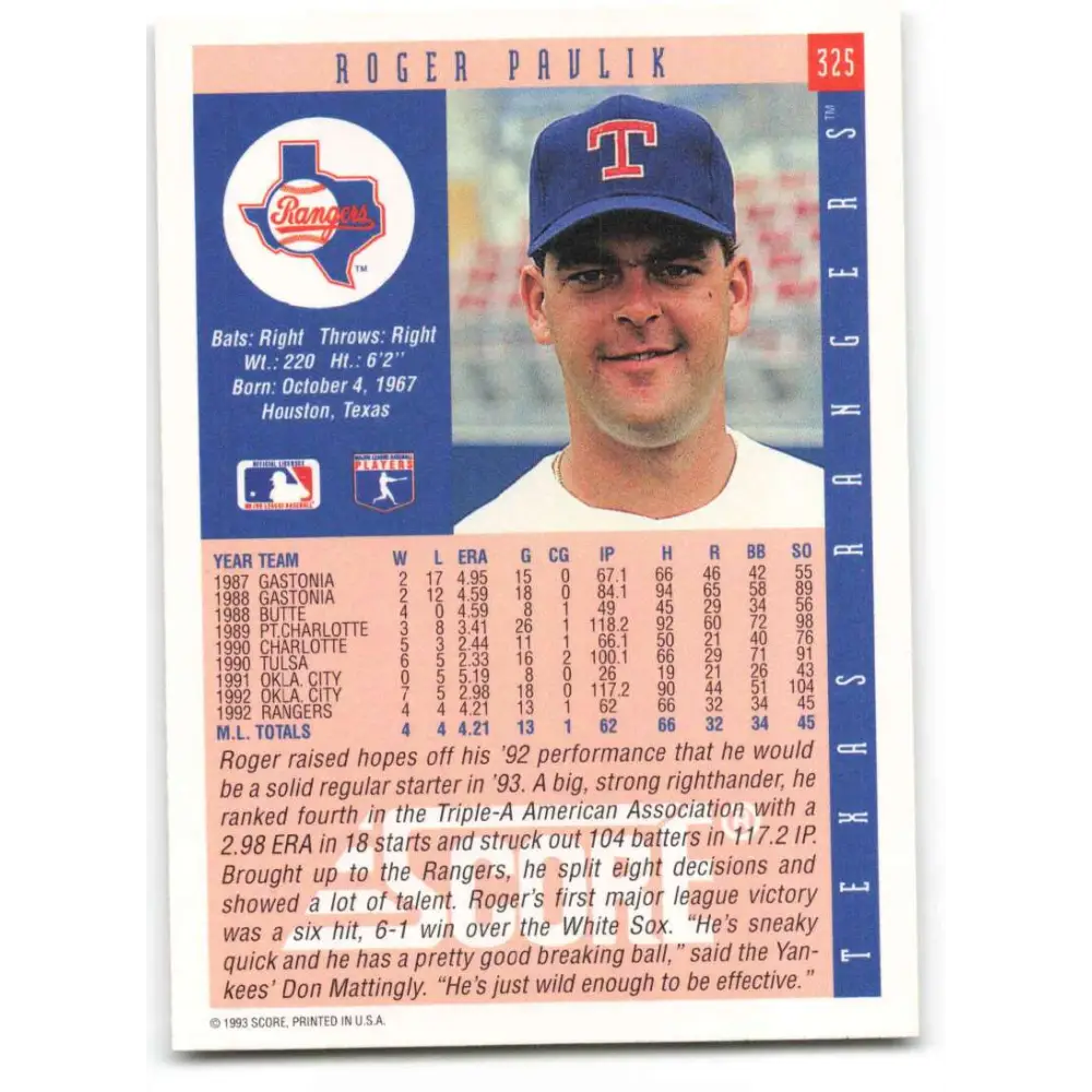 1993 Score #325 Roger Pavlik NM-MT Texas Rangers Baseball Card Image 2