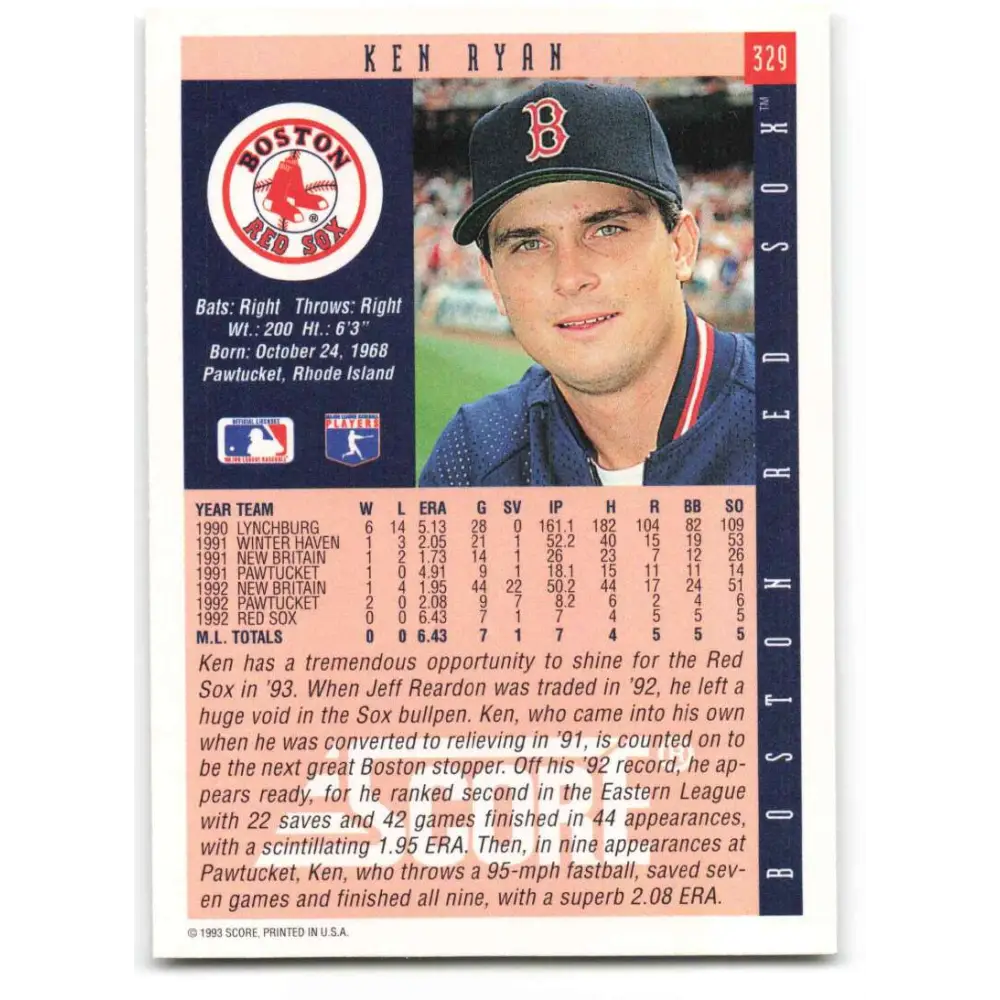 1993 Score #329 Ken Ryan NM-MT RC Rookie Boston Red Sox Baseball Card Image 2
