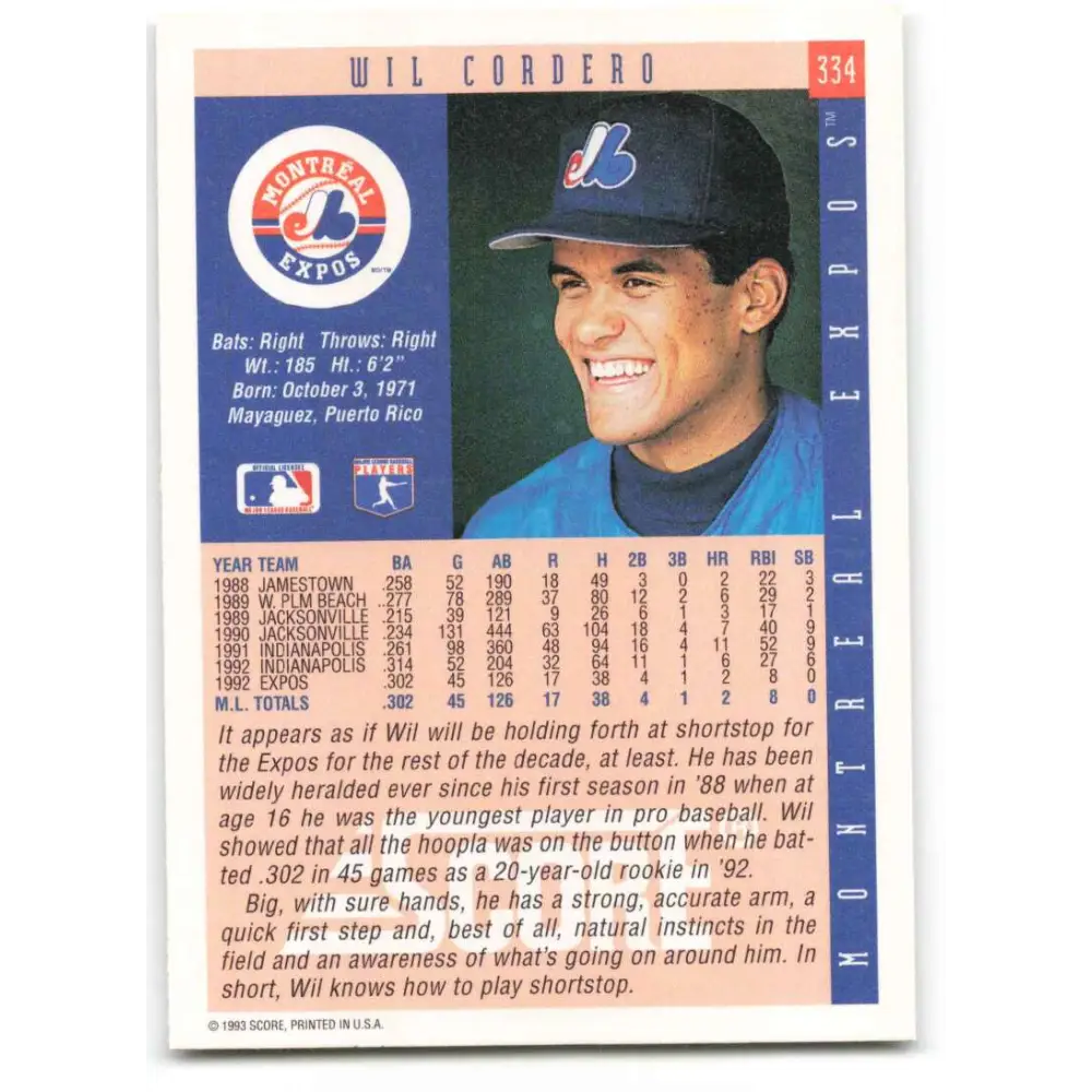 1993 Score #334 Wil Cordero NM-MT Montreal Expos Baseball Card Image 2