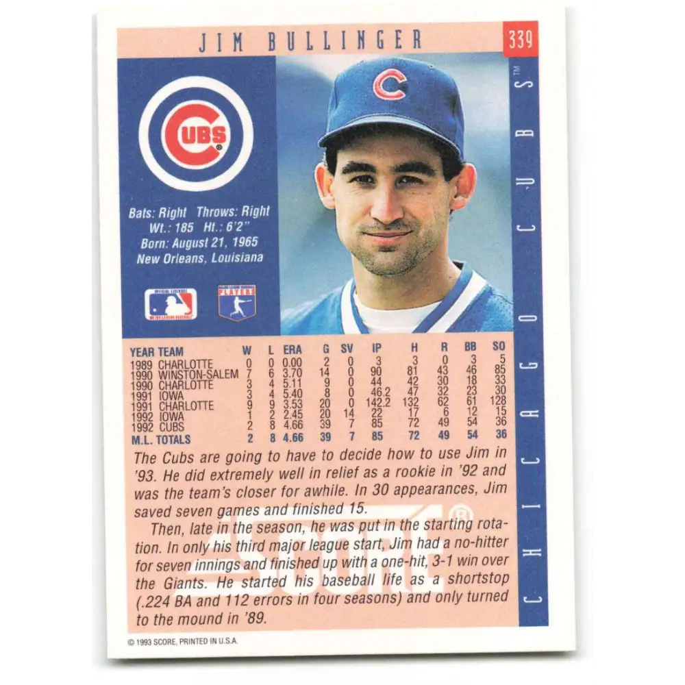 1993 Score #339 Jim Bullinger NM-MT Chicago Cubs Baseball Card Image 2