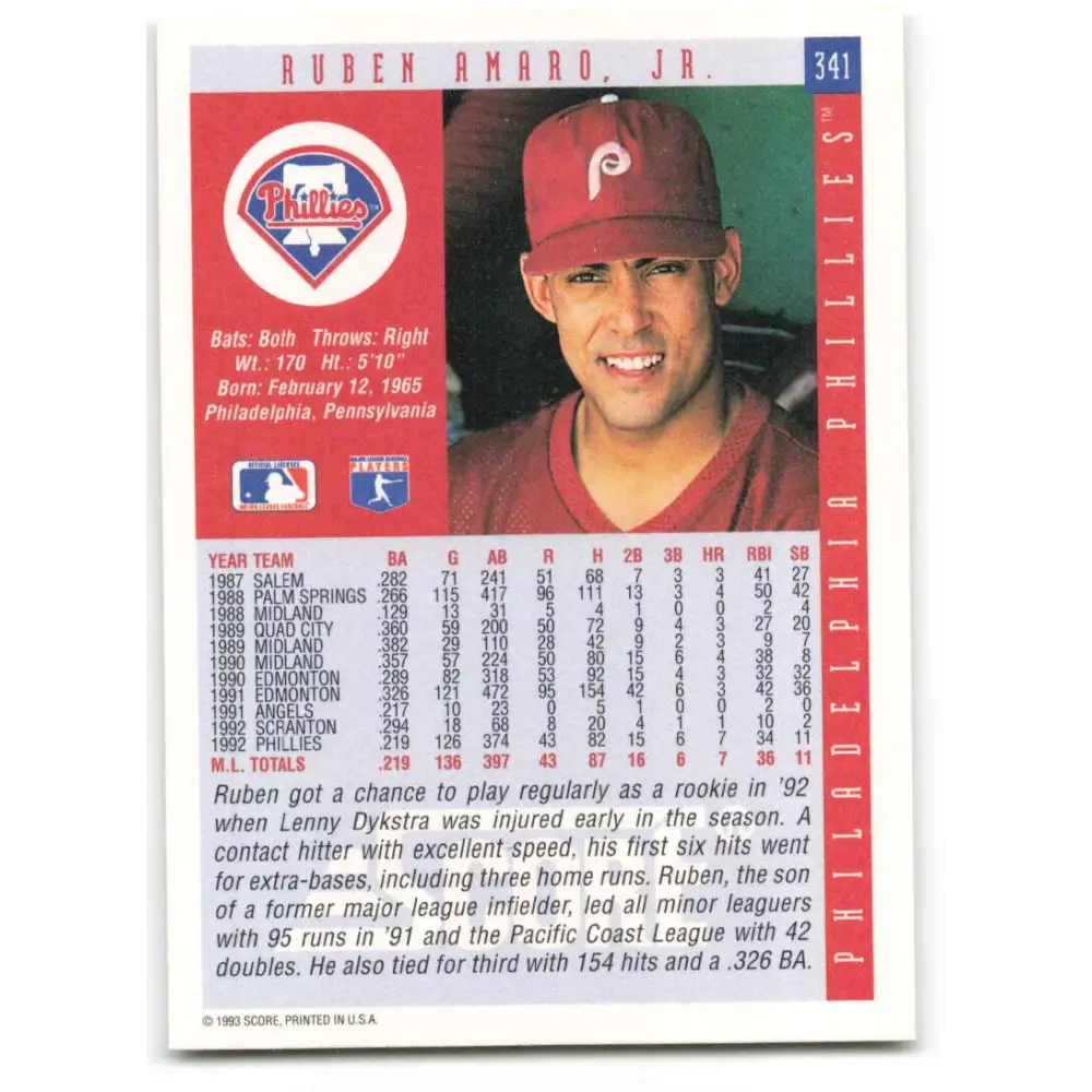 1993 Score #341 Ruben Amaro NM-MT Philadelphia Phillies Baseball Card Image 2