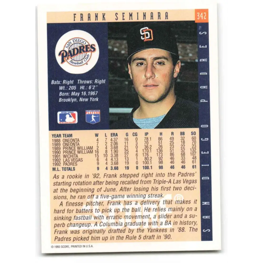 1993 Score #342 Frank Seminara NM-MT San Diego Padres Baseball Card Image 2