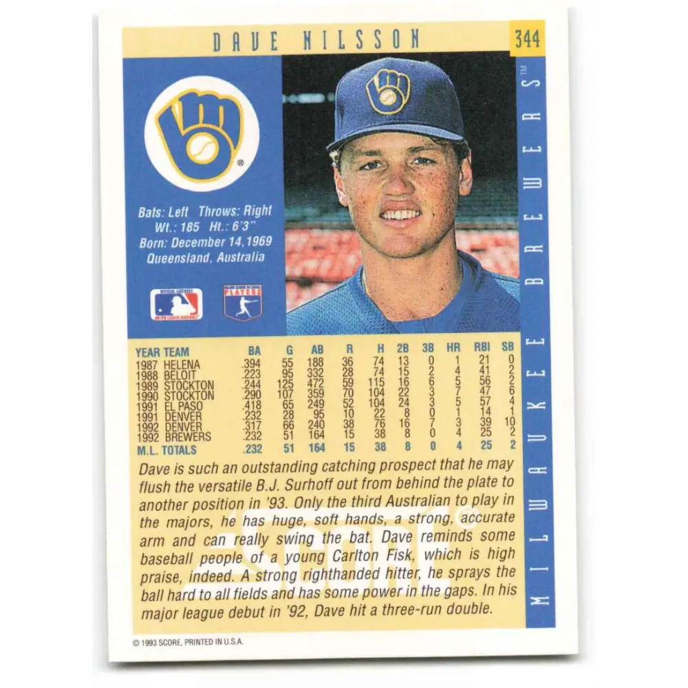 1993 Score #344 Dave Nilsson NM-MT Milwaukee Brewers Baseball Card Image 2