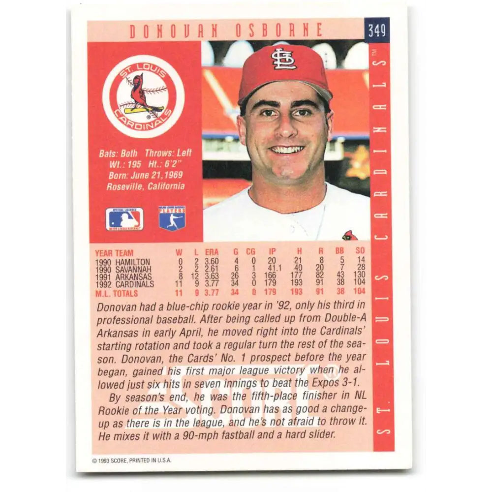 1993 Score #349 Donovan Osborne NM-MT St. Louis Cardinals Baseball Card Image 2