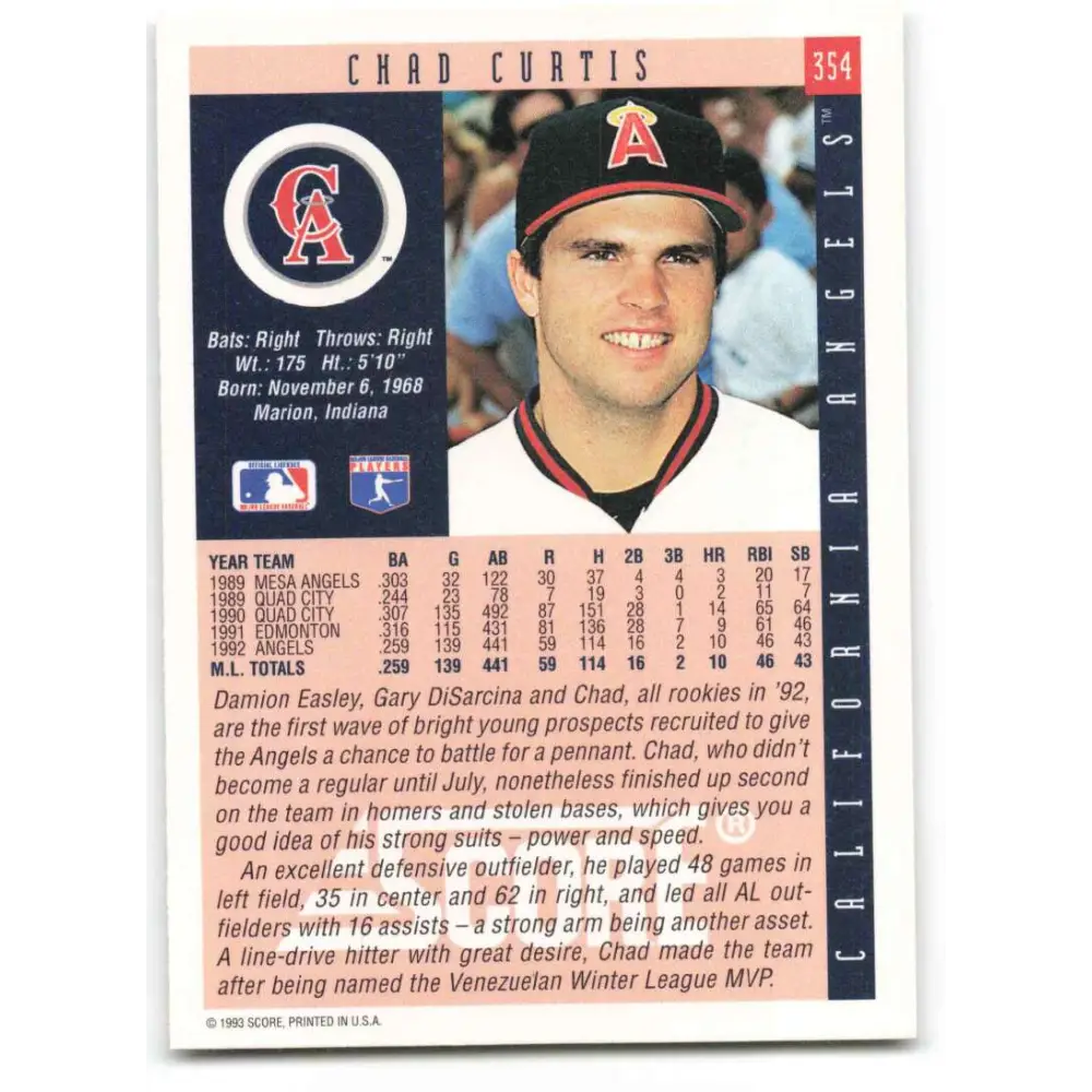 1993 Score #354 Chad Curtis NM-MT California Angels Baseball Card Image 2
