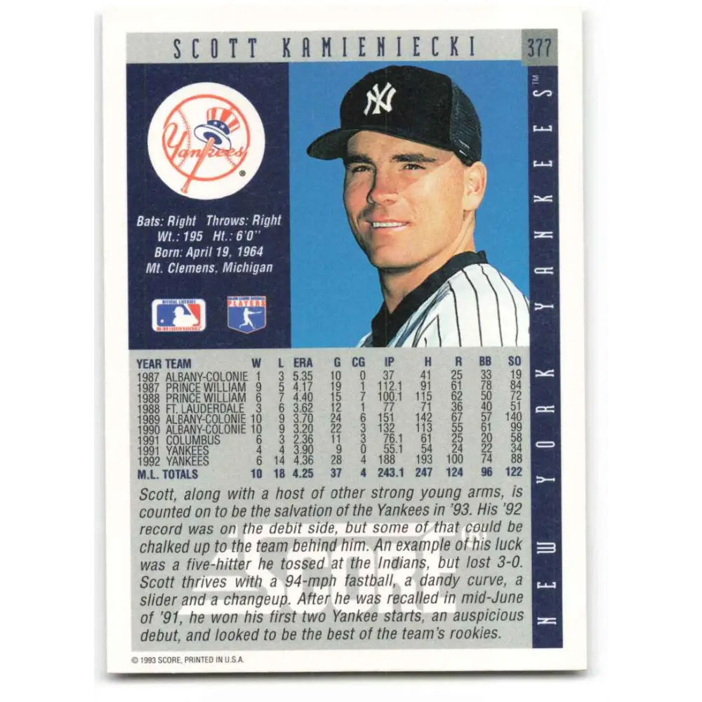 1993 Score #377 Scott Kamieniecki NM-MT New York Yankees Baseball Card Image 2