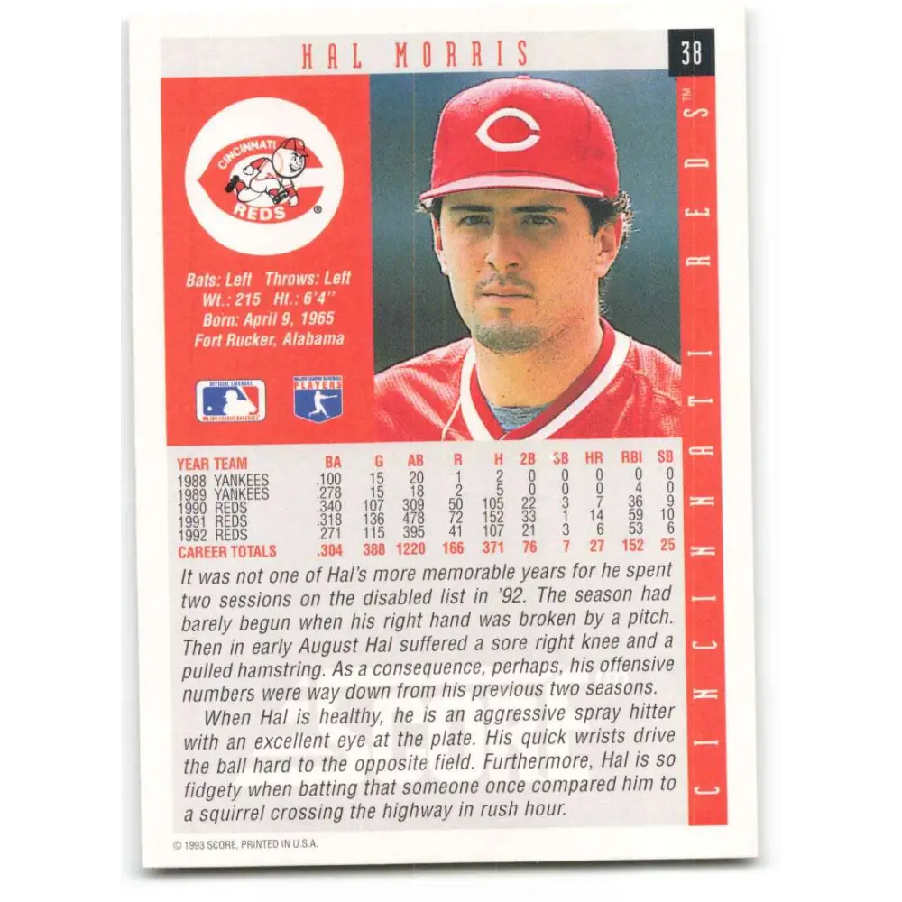 1993 Score #38 Hal Morris NM-MT Cincinnati Reds Baseball Card Image 2