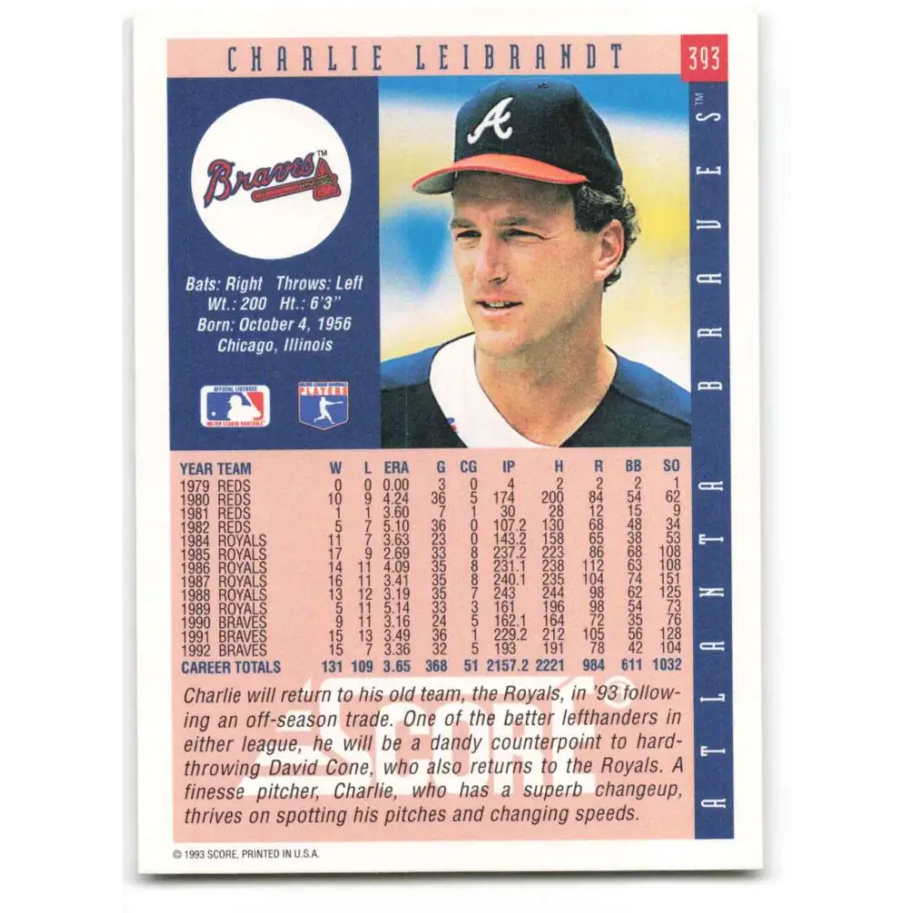 1993 Score #393 Charlie Leibrandt NM-MT Atlanta Braves Baseball Card Image 2
