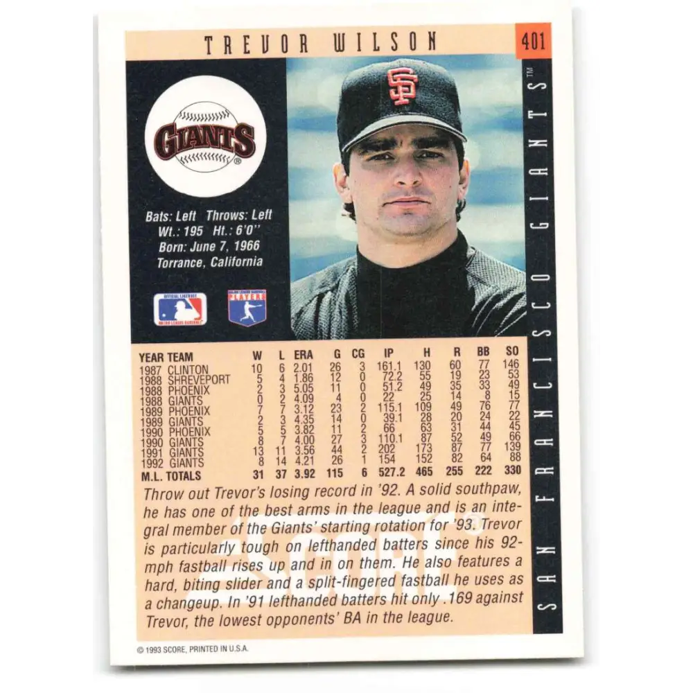 1993 Score #401 Trevor Wilson NM-MT San Francisco Giants Baseball Card Image 2