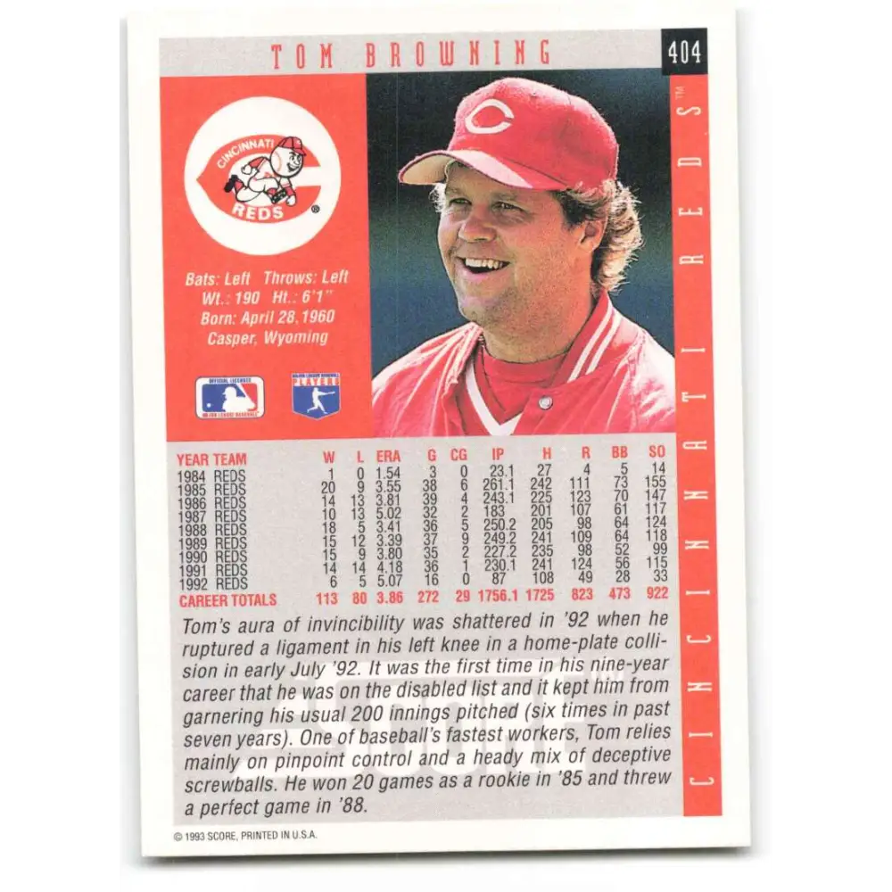 1993 Score #404 Tom Browning NM-MT Cincinnati Reds Baseball Card Image 2