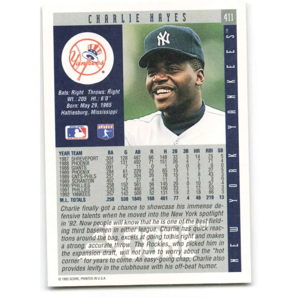 1993 Score #411 Charlie Hayes NM-MT New York Yankees Baseball Card Image 2