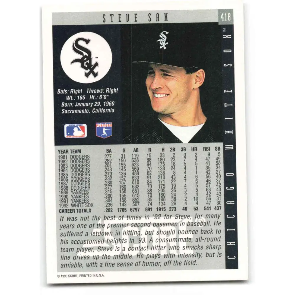 1993 Score #418 Steve Sax NM-MT Chicago White Sox Baseball Card Image 2