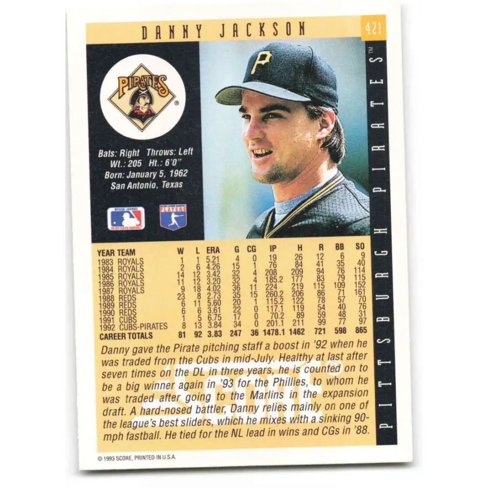 1993 Score #421 Danny Jackson NM-MT Pittsburgh Pirates Baseball Card Image 2