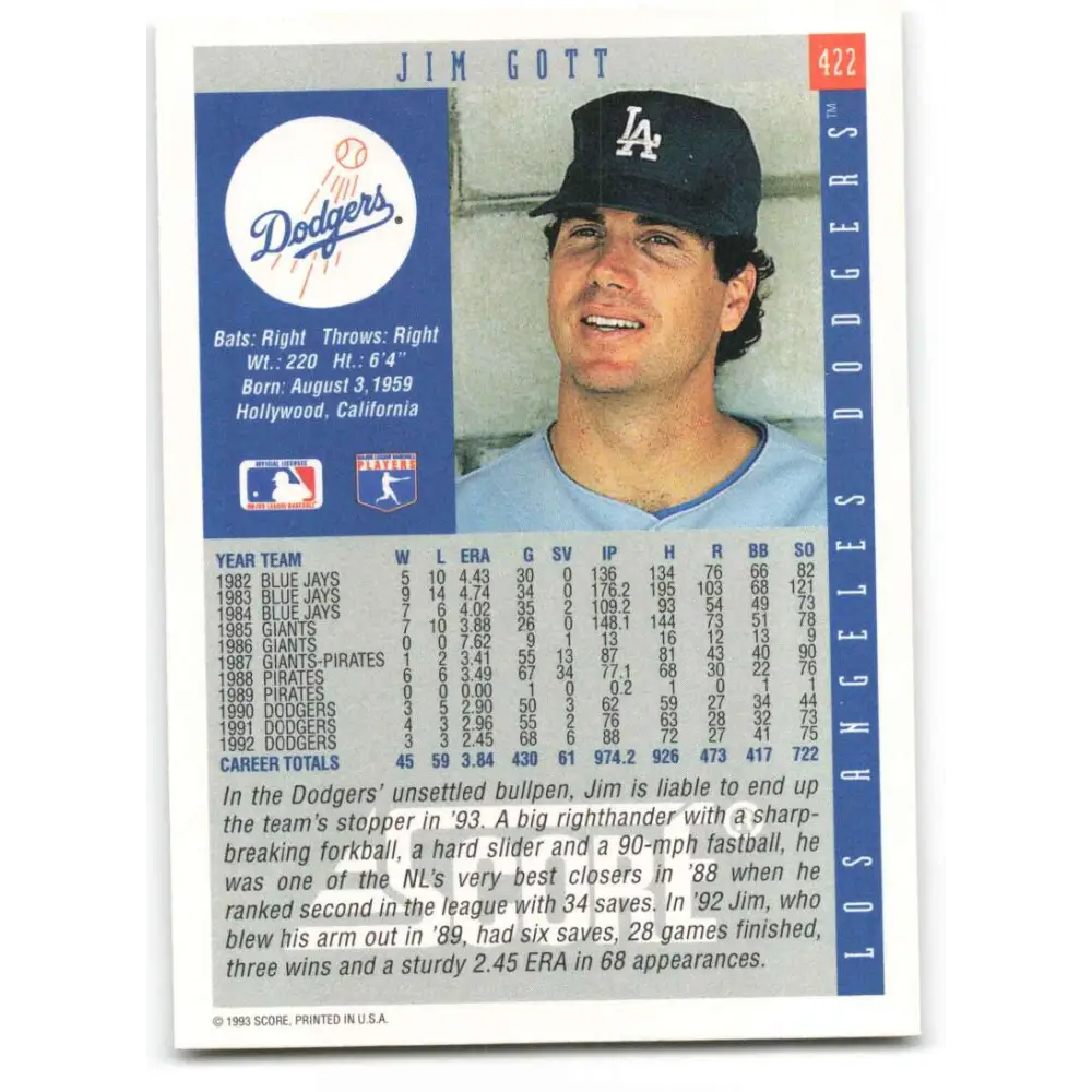1993 Score #422 Jim Gott NM-MT Los Angeles Dodgers Baseball Card Image 2