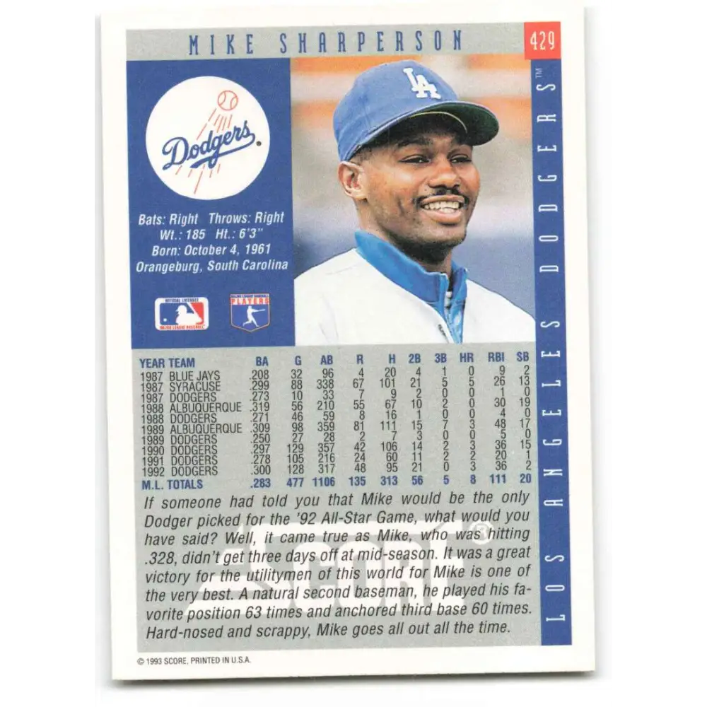 1993 Score #429 Mike Sharperson NM-MT Los Angeles Dodgers Baseball Card Image 2