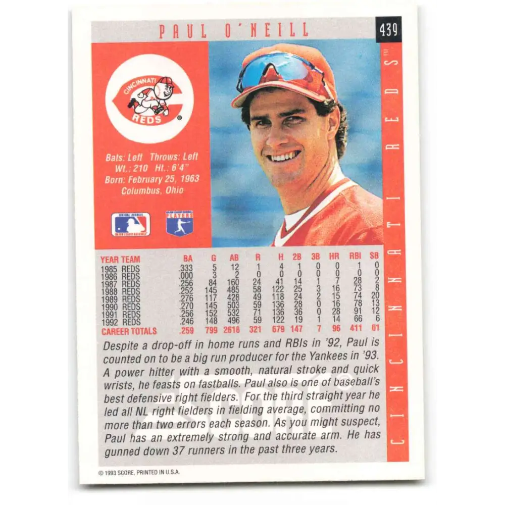 1993 Score #439 Paul O'Neill NM-MT Cincinnati Reds Baseball Card Image 2