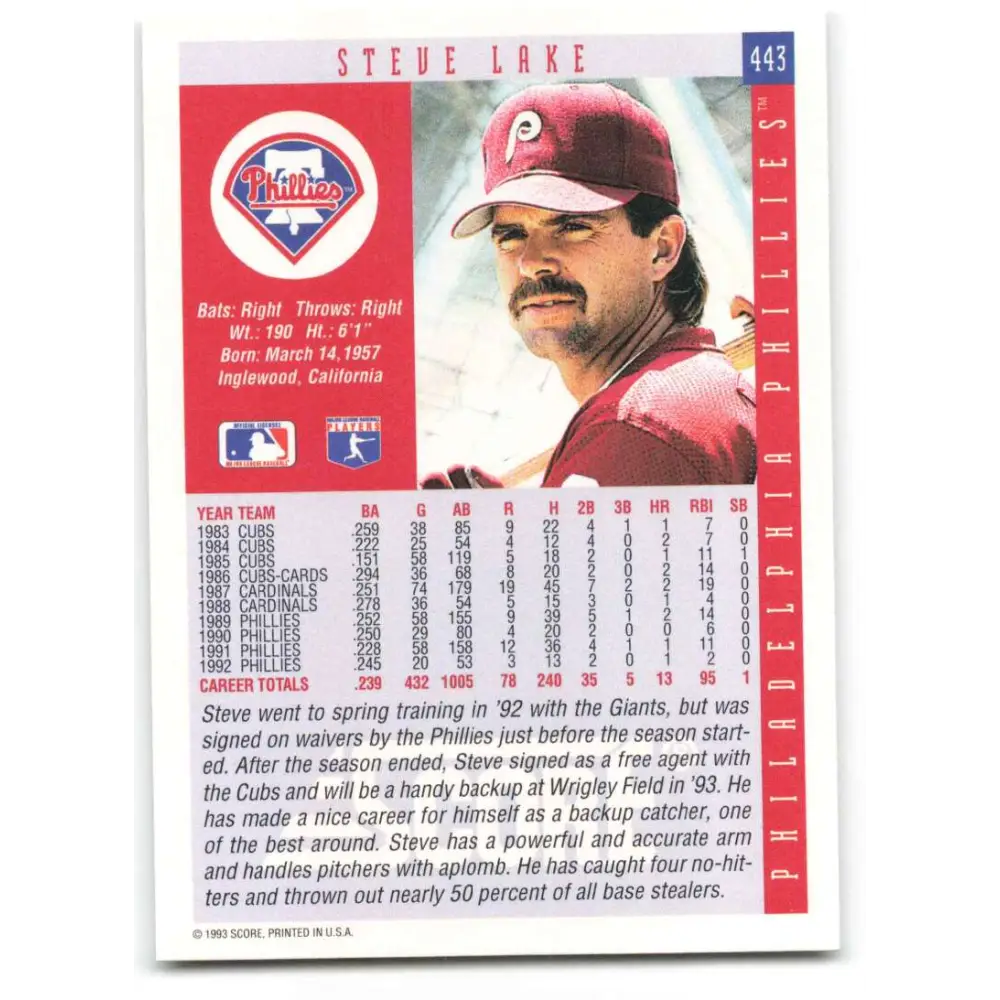 1993 Score #443 Steve Lake NM-MT Philadelphia Phillies Baseball Card Image 2
