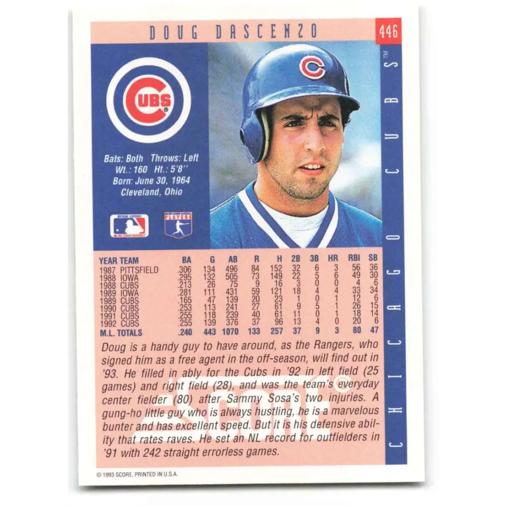 1993 Score #446 Doug Dascenzo NM-MT Chicago Cubs Baseball Card Image 2