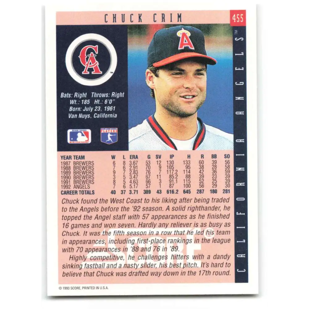 1993 Score #455 Chuck Crim NM-MT California Angels Baseball Card Image 2